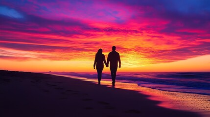 A couple walking hand-in-hand along a sandy beach during a vibrant Sunday sunset, silhouetted against the colorful sky, capturing the essence of Sunday love and romance 