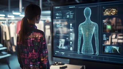 A creative workspace where a fashion designer employs AI technology to display various fabric textures and designs on a digital mannequin, showcasing the future of fashion design 