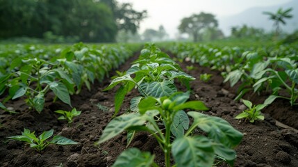 Obraz premium Green chilies field, chilies growing in the field