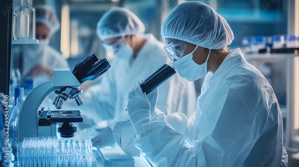 Poster a scientist in a lab coat uses a microscope in a lab setting
