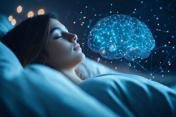 Young woman sleeping with glowing digital brain visualization for dream research, neuroscience studies, and sleep technology concepts in cognitive science and artificial intelligence applications