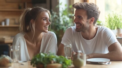 A joyful couple shares a moment together at a cozy table, surrounded by greenery, enjoying a relaxed atmosphere.