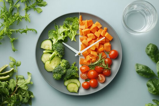 Balanced meal clock plate with colorful vegetables, fruits, and protein for nutritional timing and portion control concepts in diet planning and healthy eating education materials
