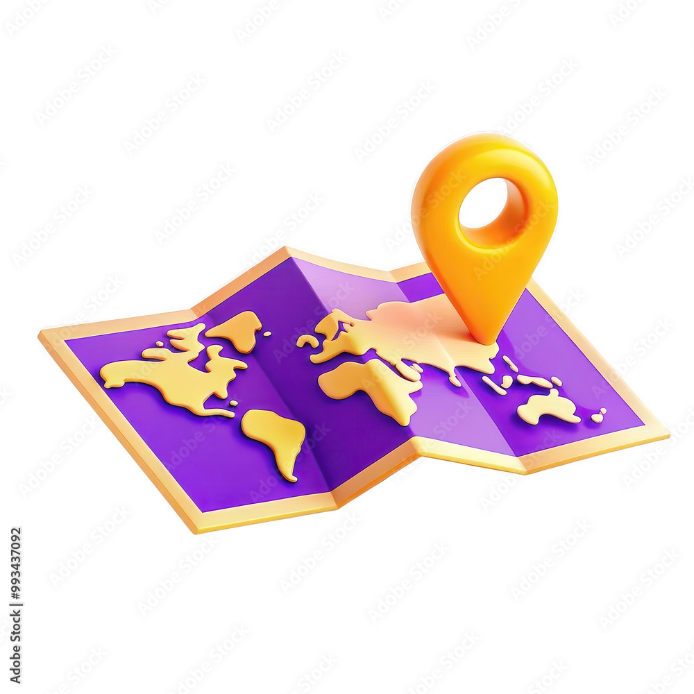 Poster a colorful 3d image of a folded map with a yellow location pin. the design features a simplified vie