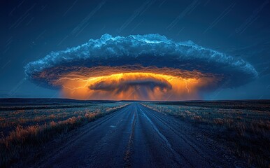 Massive storm cloud with bright lightning over a country road and house during a vivid sunset Generative AI