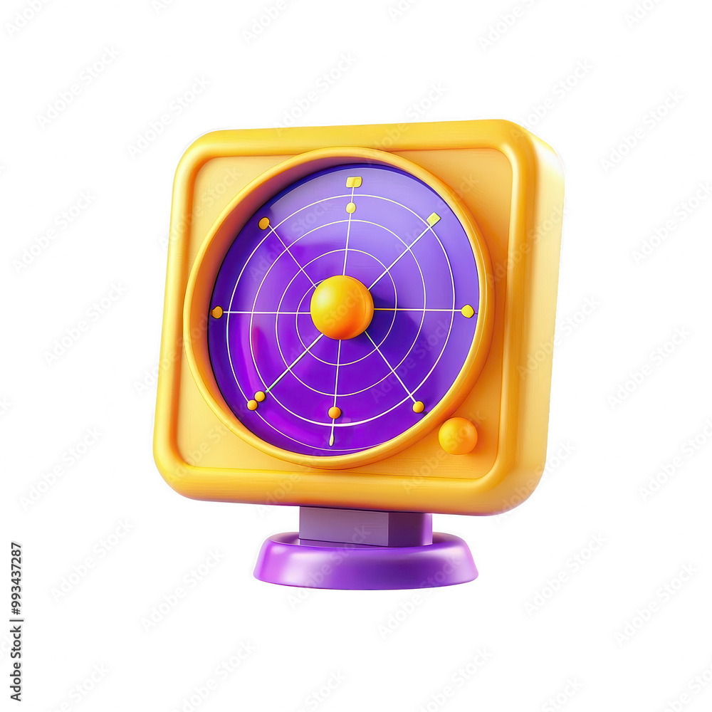 Poster a colorful 3d radar model with a purple circular display and yellow casing, presenting an abstract d
