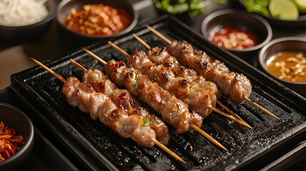 Close-up of juicy grilled pork skewers on a hot plate, accompanied by small bowls of dipping sauces, showcasing the flavors of authentic Thai street cuisine 