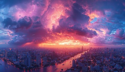 Fototapeta premium Lightning storm over a vibrant city skyline with dramatic purple and orange clouds reflecting on the river at dusk Generative AI
