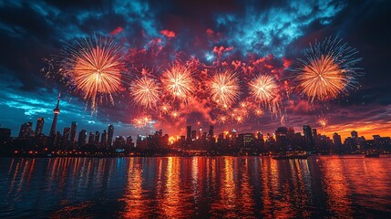 Fireworks Display Over City Skyline with Reflection in Water