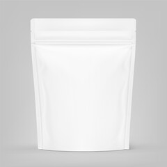 Realistic stand up pouch bag with zip lock mockup with transparent shadow. Front view. Vector illustration isolated on grey background. Ready for your design. EPS10.