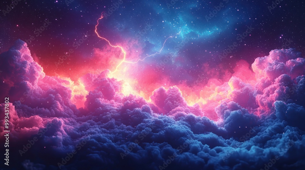 Wall mural colorful cosmic nebula with glowing pink and purple clouds surrounded by stars in deep space atmosph