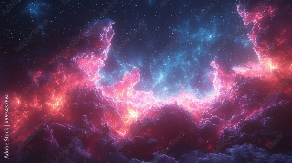 Wall mural colorful cosmic nebula with glowing pink and purple clouds surrounded by stars in deep space atmosph