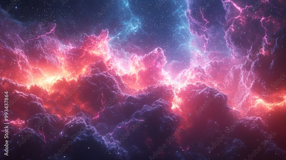 Wall mural colorful cosmic nebula with glowing pink and purple clouds surrounded by stars in deep space atmosph