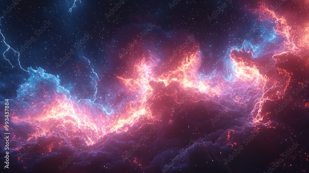 Wall mural colorful cosmic nebula with glowing pink and purple clouds surrounded by stars in deep space atmosph