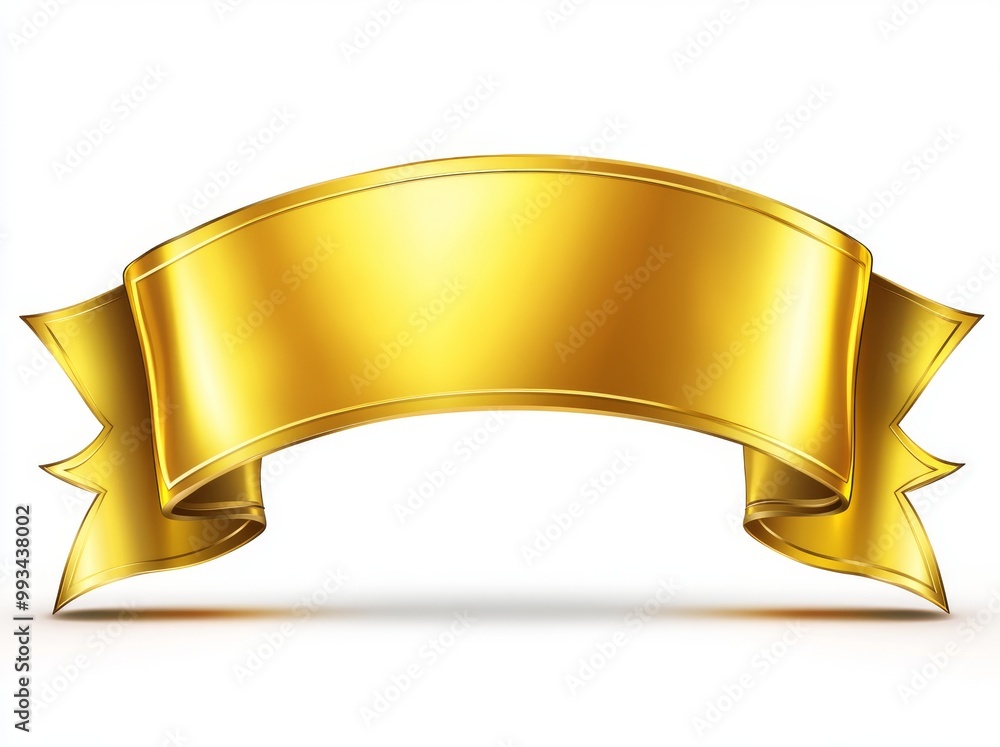Poster three-dimensional rendering of golden ribbon banners displaying advertising messages or title signs.