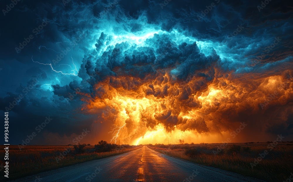 Wall mural massive storm cloud with lightning striking over open road at sunset creating a dramatic and intense