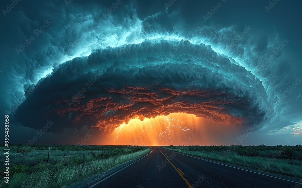 Wall mural Massive storm cloud with lightning striking over open road at sunset creating a dramatic and intense sky scene Generative AI