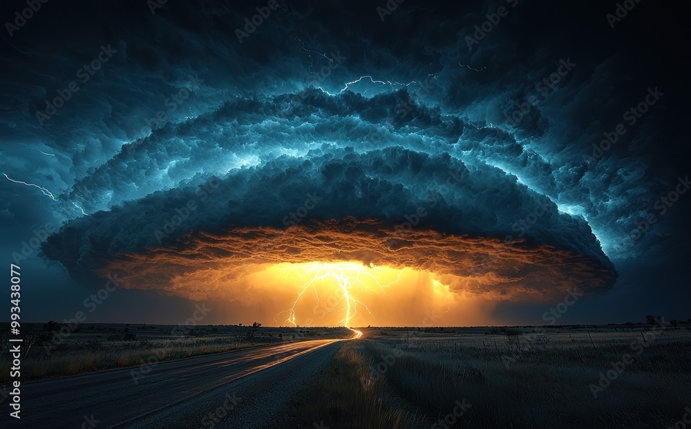 Wall mural Massive storm cloud with lightning striking over open road at sunset creating a dramatic and intense sky scene Generative AI