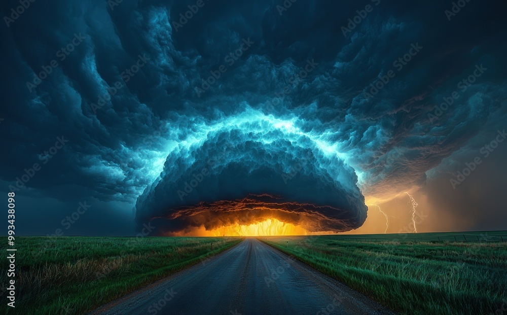 Wall mural massive storm cloud with lightning striking over open road at sunset creating a dramatic and intense