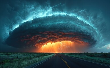 Massive storm cloud with lightning striking over open road at sunset creating a dramatic and intense sky scene Generative AI