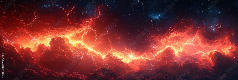 Wall mural fiery red and orange cosmic storm with lightning bolts illuminating turbulent clouds and dark starry