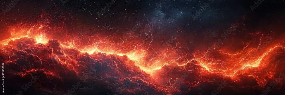 Wall mural fiery red and orange cosmic storm with lightning bolts illuminating turbulent clouds and dark starry
