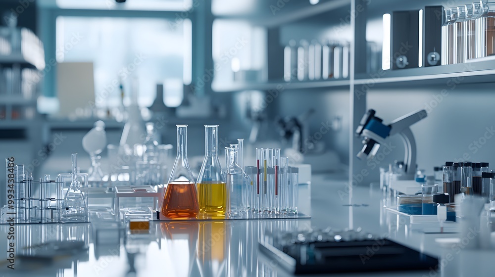 Poster laboratory experiment setup with colored liquids and glassware