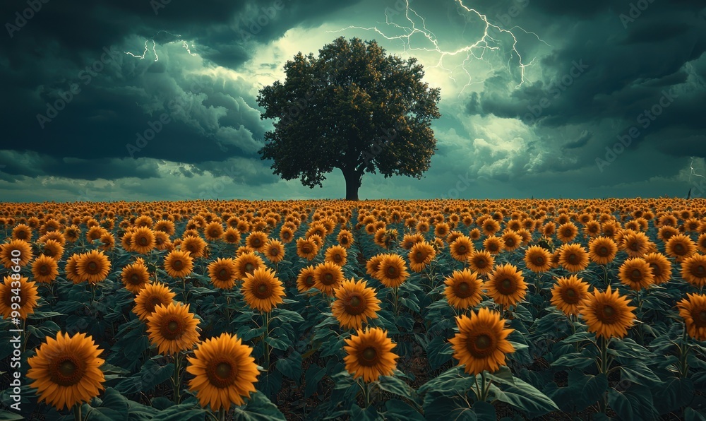 Wall mural sunflower field with single tree under dark stormy sky as lightning flashes in the background genera