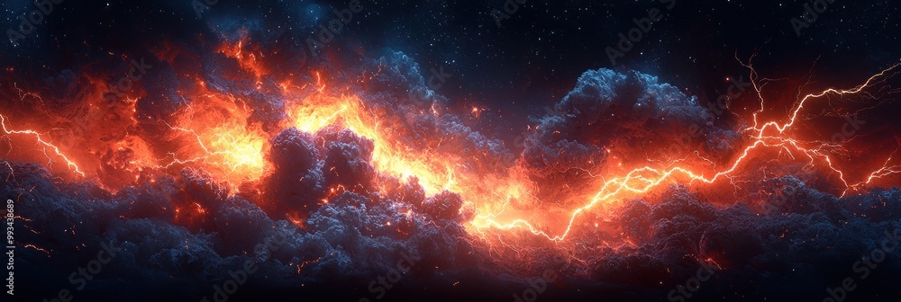 Wall mural intense fiery lightning storm with glowing red and orange clouds creating a dramatic and powerful co
