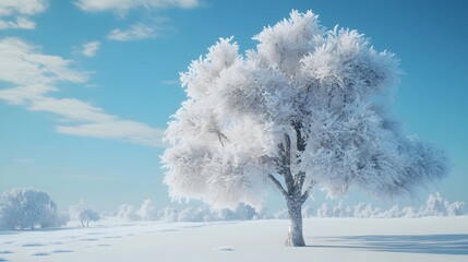 Fototapeta premium A beautiful tree, covered in snow, stands alone in the snowy field against a blue sky