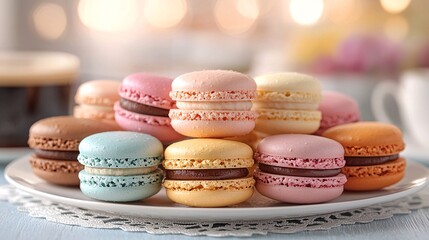 Obraz premium Colorful Macarons on White Plate with Bokeh Background