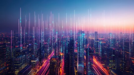 Smart city with abstract dot connections and flowing gradient lines, representing big data and advanced technology concepts	
