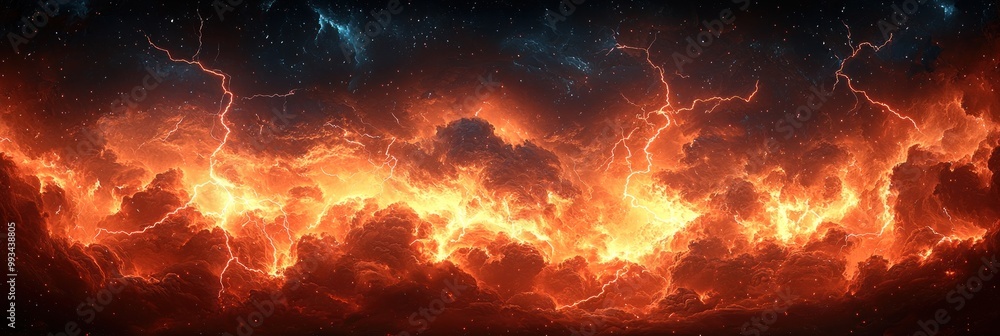 Wall mural intense fiery lightning storm with glowing red and orange clouds creating a dramatic and powerful co