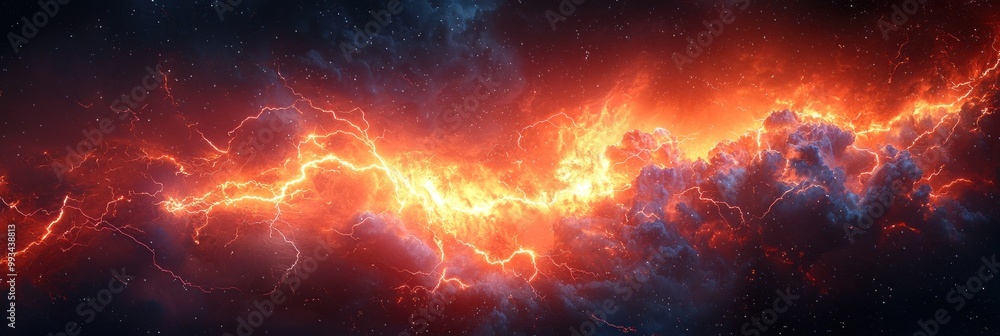 Wall mural intense fiery lightning storm with glowing red and orange clouds creating a dramatic and powerful co