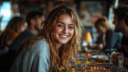 Obraz premium Happy Young Woman Smiling at Camera with Friends in the Background