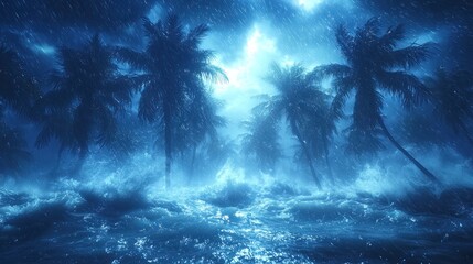 Fototapeta premium Tropical storm with heavy rain and strong winds bending palm trees under a dark and ominous sky by the ocean Generative AI