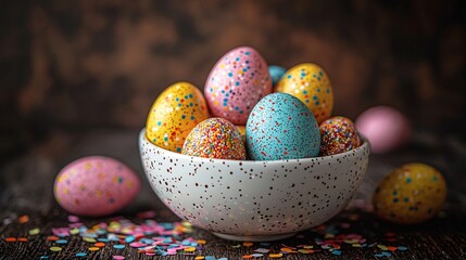Fototapeta premium Colorful Easter Eggs in a Bowl with Confetti