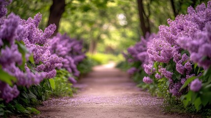 Obraz premium Lilac-Lined Path Through a Lush Green Forest