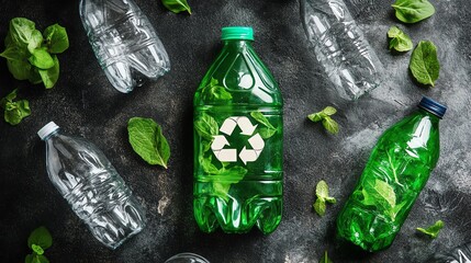 Recyclable plastic bottles with green elements on a dark background.