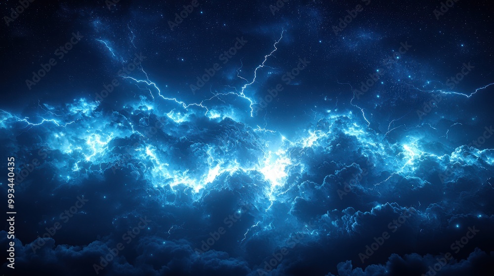 Wall mural intense lightning storm illuminating dark blue clouds creating a dramatic and powerful sky scene gen