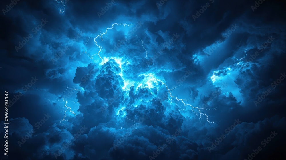 Wall mural intense lightning storm illuminating dark blue clouds creating a dramatic and powerful sky scene gen