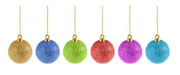 Multicolored glittering Christmas ornaments isolated on white background
