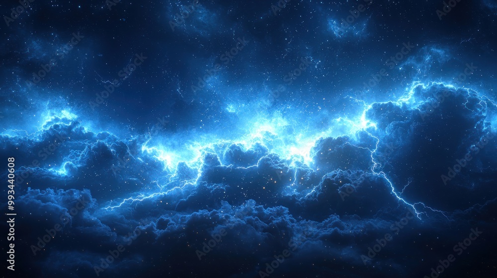 Sticker glowing electric blue clouds with lightning flashes illuminating a dark, star-filled sky creating a 
