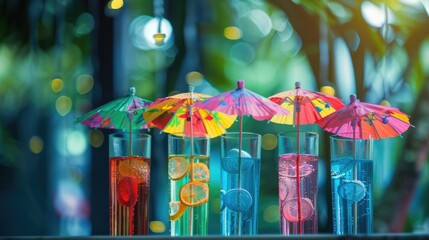 A collection of vibrant umbrellas placed on a table, great for use in party or event scenes