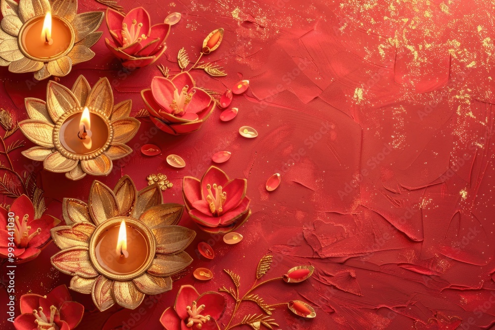 Poster close-up of multiple candles on a red surface, ideal for use in still life or decorative composition