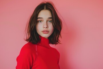 Fototapeta premium A young girl wearing a bright red turtle neck sweater, likely for casual wear or as part of her personal style