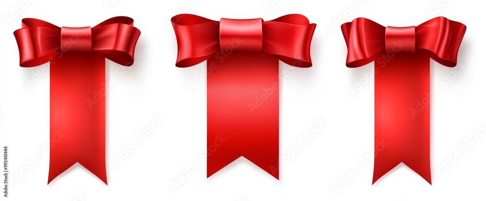 Poster an image of a red ribbon banner 3d rendered with glossy text boxes for sale or promotion signage.