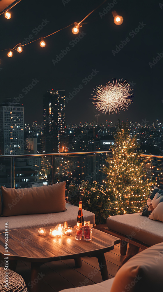 Canvas Prints Cozy Rooftop New Year Celebration with Fireworks and City Skyline 