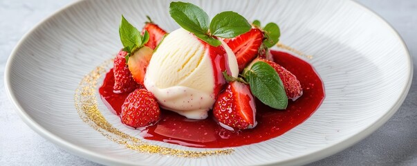 Plated strawberry ice cream quenelles, surrounded by fresh strawberries, strawberry coulis, and edible gold leaf for a luxurious touch, 3D illustration