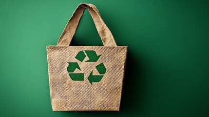 Reusable eco-friendly tote bag with recycling symbol on green background.